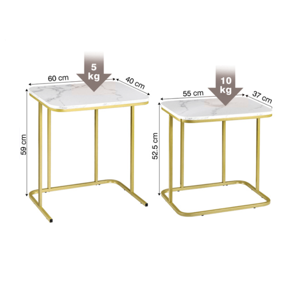 Ensemble de 2 tables d'appoint avec cadre en or et dessus en faux marbre