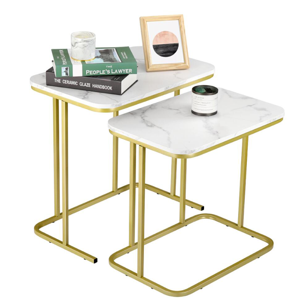 Ensemble de 2 tables d'appoint avec cadre en or et dessus en faux marbre