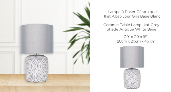 LAURENT TAYLOR - Ceramic Table Lamp Ikat Grey Shade Antique White