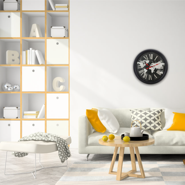 World Map Clock 21 Black White