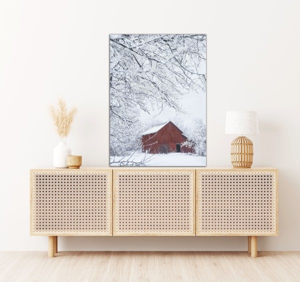 Toile imprimée 60 x 90 cm | Grange rouge d'hiver