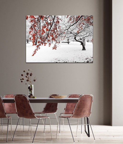 Toile imprimée 70 x 100 cm | Arbre d'hiver avec des feuilles rouges