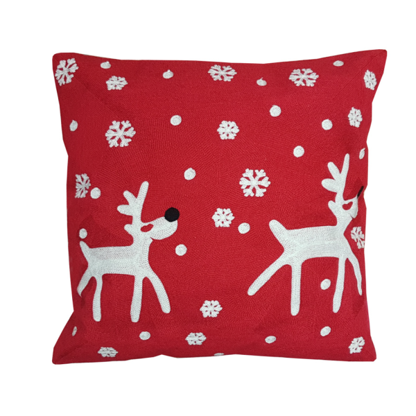 XMAS CUSHION 18X18 SNOWFALL REINDEER RED