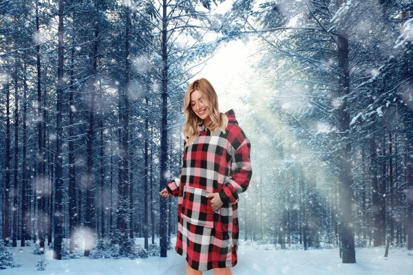 Oversize Hoodie Red Plaid 40 Longueur Microfleece