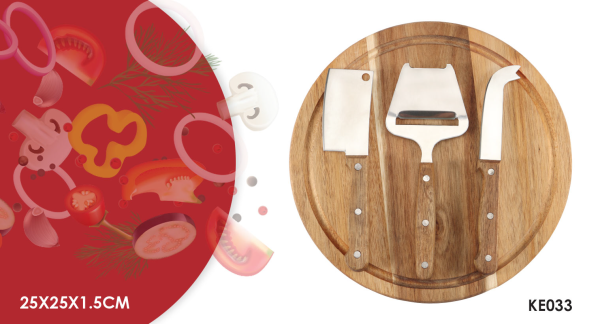 Planche à découper ronde en bois d'acacia avec couteaux à fromage 4 pièces