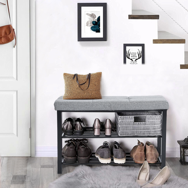 Shoe Rack Bench Black/grey Nets Metal Black Frame