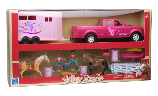 Valley Ranch - Ens. camion rose et remorque pour chevaux avec barils