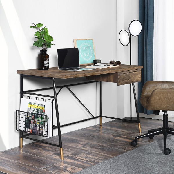 Darien | Bureau d'ordinateur avec dessus en bois et cadre en métal