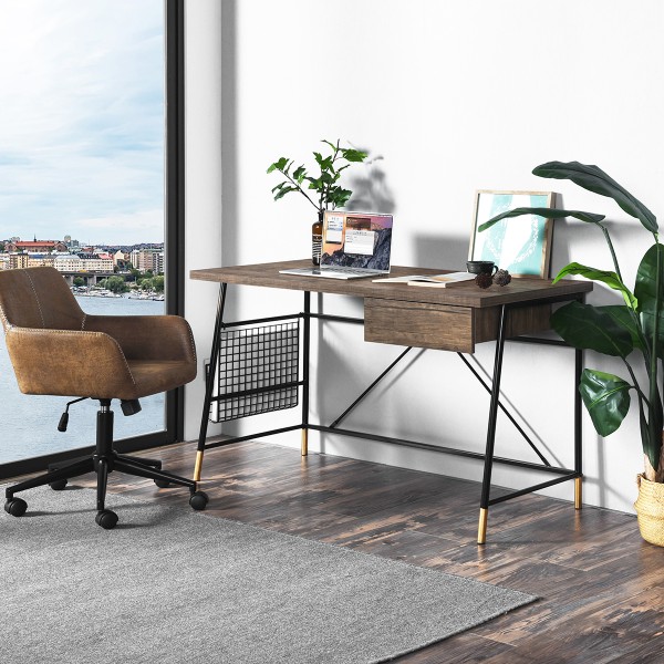 Darien | Bureau d'ordinateur avec dessus en bois et cadre en métal