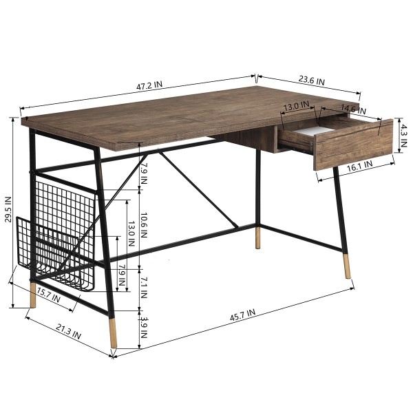Darien | Bureau d'ordinateur avec dessus en bois et cadre en métal