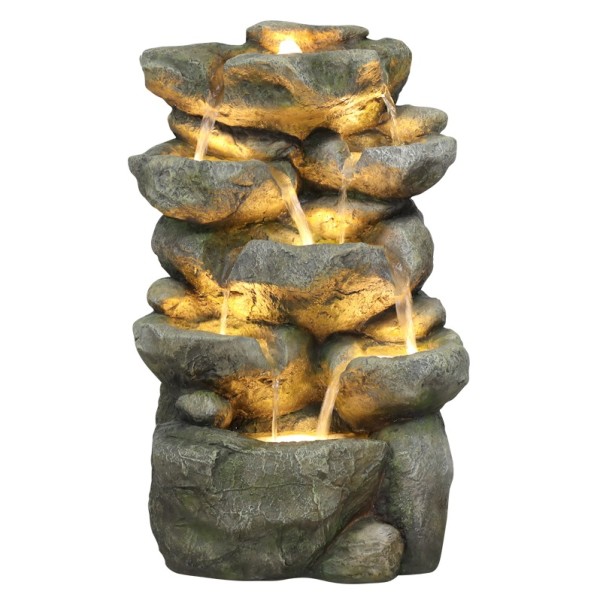 Fontaine de roche à multi-niveaux en polyrésine avec lumière DEL (31 x 24 x 49 cm)