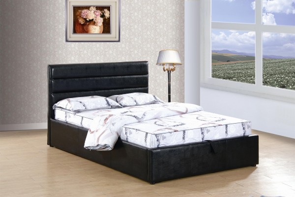 Lit plateforme rembourré brun aspect cuir avec rangement