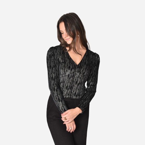 Velour V Neck Long Sleeve Top