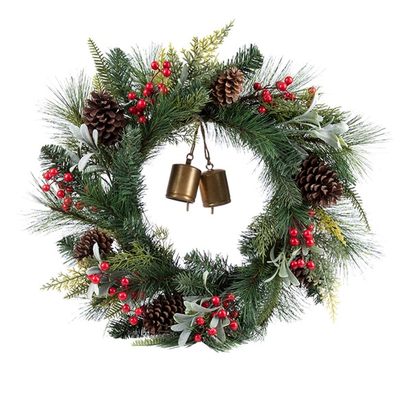 Couronne de pin mixte de 61 cm avec clochettes métalliques, baies et pommes de pin