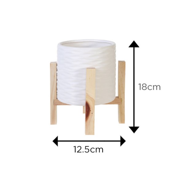 Planter Textured Ceramic Wood Stand 12.5x12.5x18