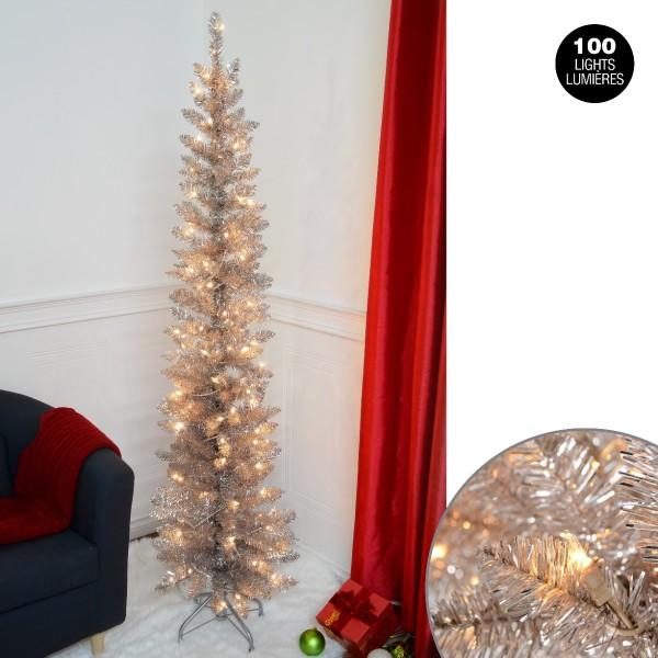 Prelit Rose Gold Tinsel Slim Tree 1.83m With 100 Lights