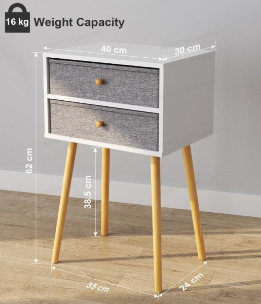 White Night Table With 2 Drawers And Wood Leg