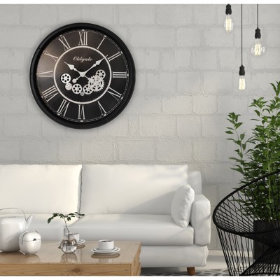 Horloge murale vintage surdimensionnée à chiffres romains avec engrenages | 30'' noir
