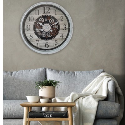 Horloge murale vintage surdimensionnée avec engrenages | 30'' aspect bois blanc