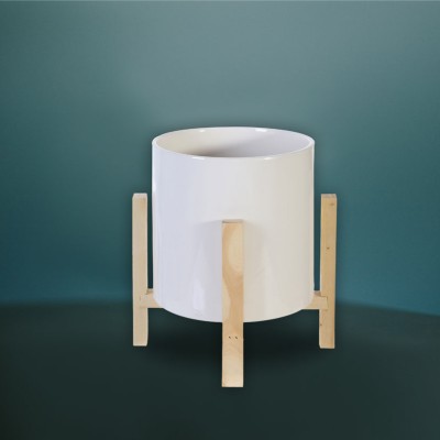 Jardinière en céramique blanche sur pied en bois (21 x 20 cm)
