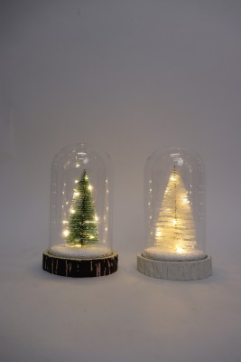 Xmas Dôme En Verre De Sapin De Noël Avec Base Aspect Bois-éclairé-asst