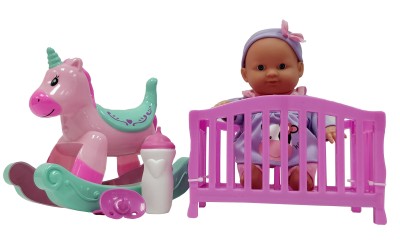 Bundle of Love® | Ensemble poupée bébé 9", licorne à bascule et berceau avec accessoires