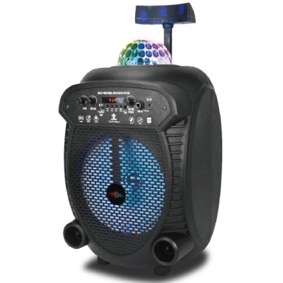 Haut-parleur Bluetooth 8" rechargeable avec lumière disco sur le dessus, panneau de contrôle frontal, chariot et roues - Wattson