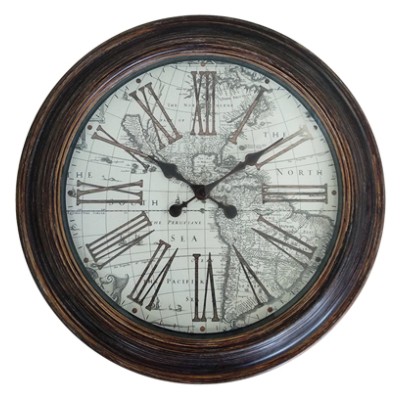 22" Gold Wash Clock - Roman Numerals | World Map
