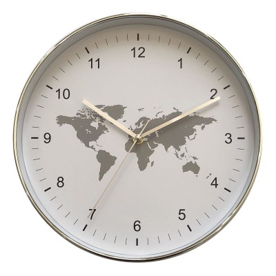 Horloge murale | 12'' blanc et gris - carte du monde