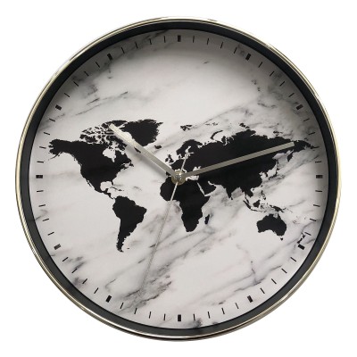 Horloge murale | 12'' marbre blanc et noir - carte du monde
