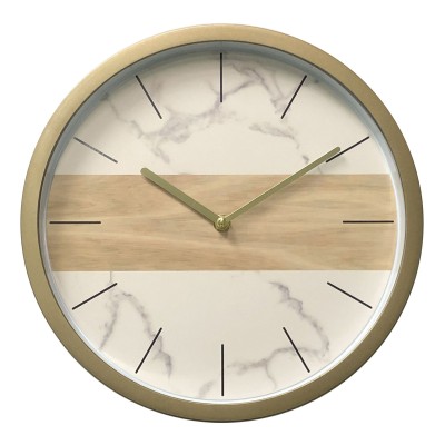 Wall Clock - White Marble & Natural Wood Look - 12''