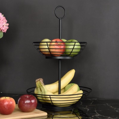  Corbeille à Fruits à 2 Niveaux - Fil Noir