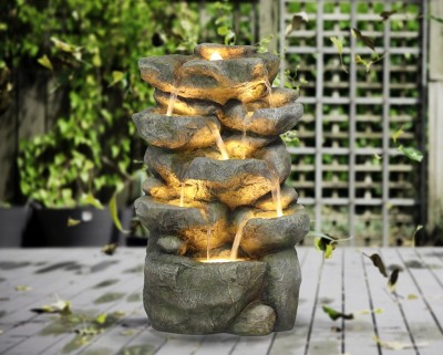 Fontaine de roche à multi-niveaux en polyrésine avec lumière DEL (42 x 38 x 70 cm)