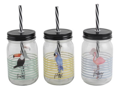 Tropical Birds Drinking  Jar With Straw