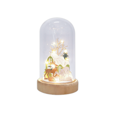 Xmas Lighted Family Deer House Scene Glass Dome