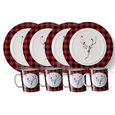 Tea Time 8Pc Set Cerf avec oiseaux Buffalo Plaid Rouge Noir