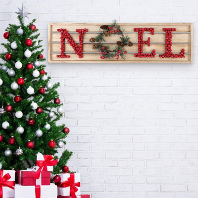 25.5in X 7in Wood Noel Sign With berries