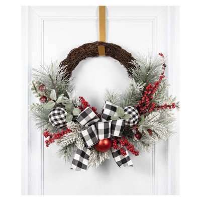 Unlit Decorated Mixed Frosted Pine Half Wreath With berries