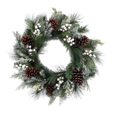 Couronne de pin mixte de 61 cm avec clochettes métalliques, baies et pommes de pin
