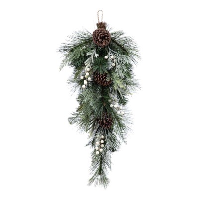 Couronne de pin mixte de 71 cm avec mousse blanche, baies et pommes de pin