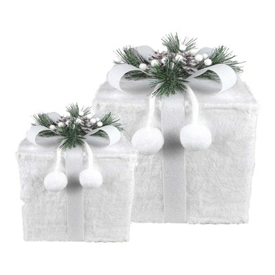 Set Of 2 Gift Boxes White Velvet Design With Pine Decoration