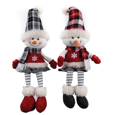 Bonhomme de neige assis en tissu avec pattes suspendues Rouge/gris/blanc 2asst