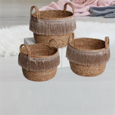 Basket W/fringe Natural Fiber