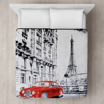 Red Car in Paris Printed Plush Mink Blanket 78x94
