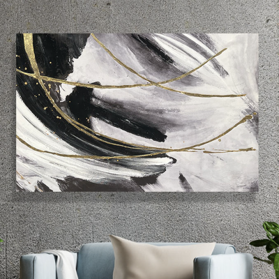 Toile imprimée 75 x 115 cm | Coups de pinceau abstraits noir et doré