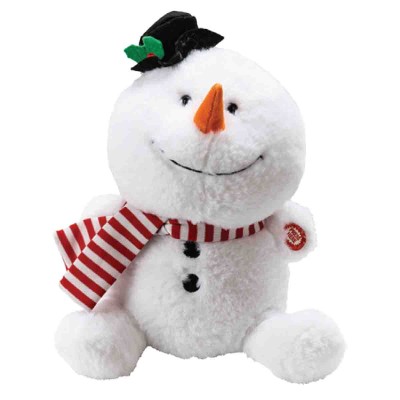 Bonhomme de neige en peluche assis, animé, fonctionnant sur piles, avec mouvement