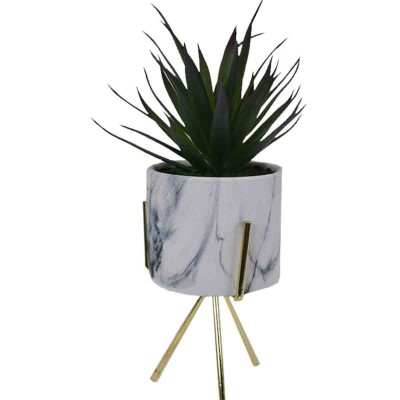 Plante Succulente Artificielle en Marbre Blanc Pot en Céramique avec Support en Métal doré