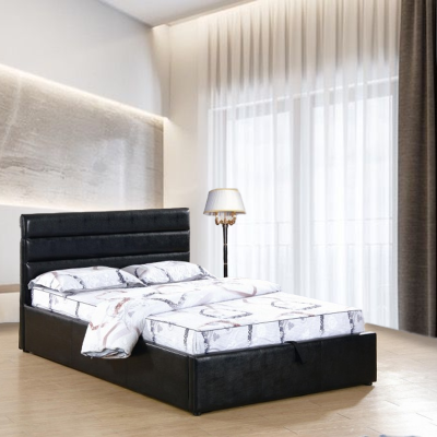 Lit plateforme rembourré brun aspect cuir avec rangement