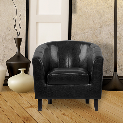 Fauteuil tonneau en similicuir noir avec cadre en bois