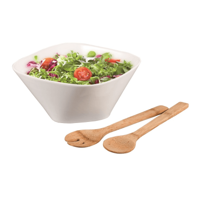 Saladier en porcelaine avec ustensiles de service en bambou